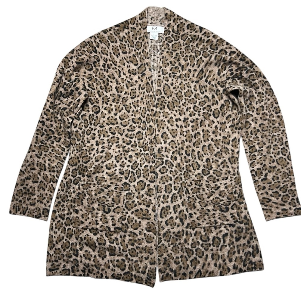 Magaschoni Women 100% Cashmere Open Cardigan Sweater Large Leopard Front Pockets